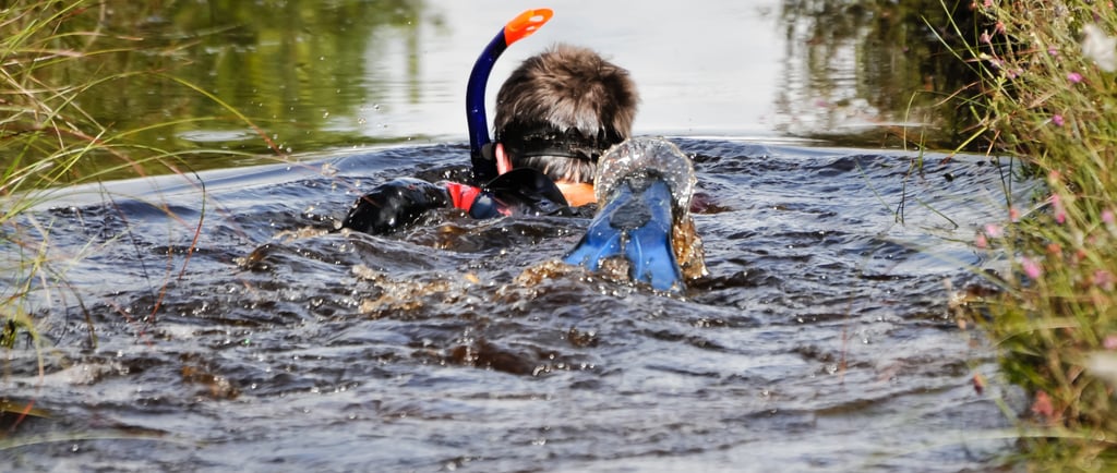 A person wearing a snorkel and fins competes in a bog snorkeling event in a muddy trench.