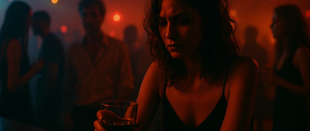 a woman in a black dress sitting at a bar