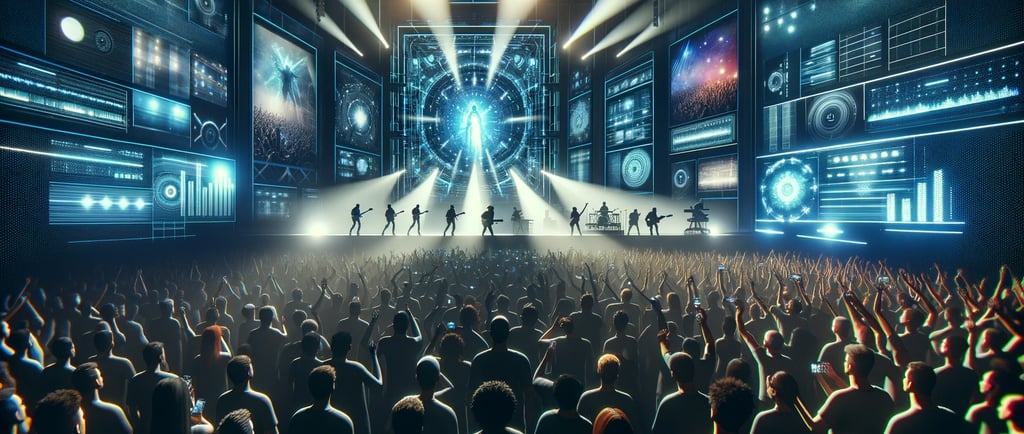 a group of people standing in front of a stage