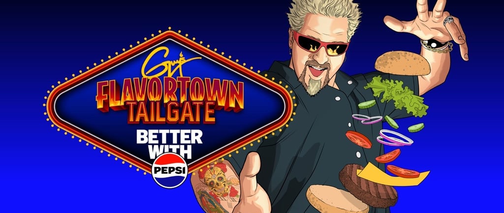 Guy Fieri holding a sandwich, Flavortown Tailgate, Las Vegas