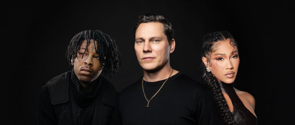 three people standing in front of a black background, Tiesto, 21 Savage, Bia