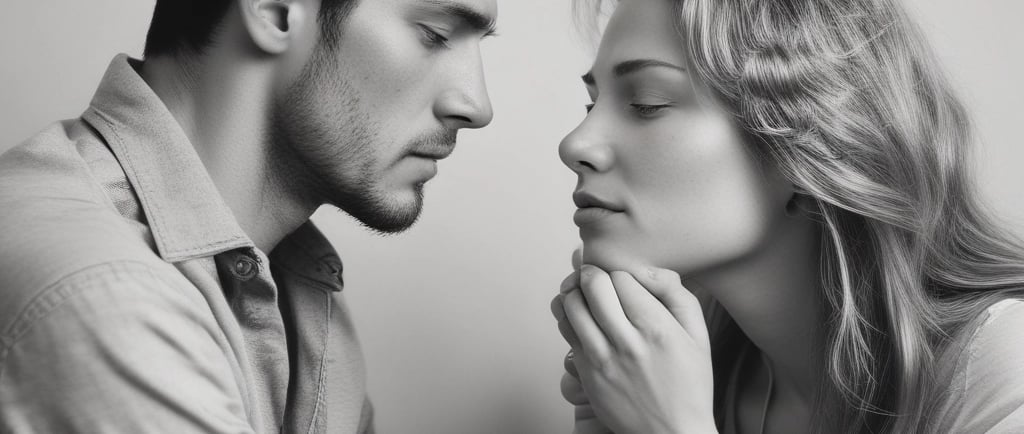 A woman sits on a couch holding a child on her lap, while another child stands by a window with curtains partially drawn. The scene is lit with dramatic light and shadow, creating a contrast between illuminated areas and darker parts of the room.
