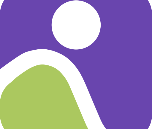 a purple and green logo with a person in the middle