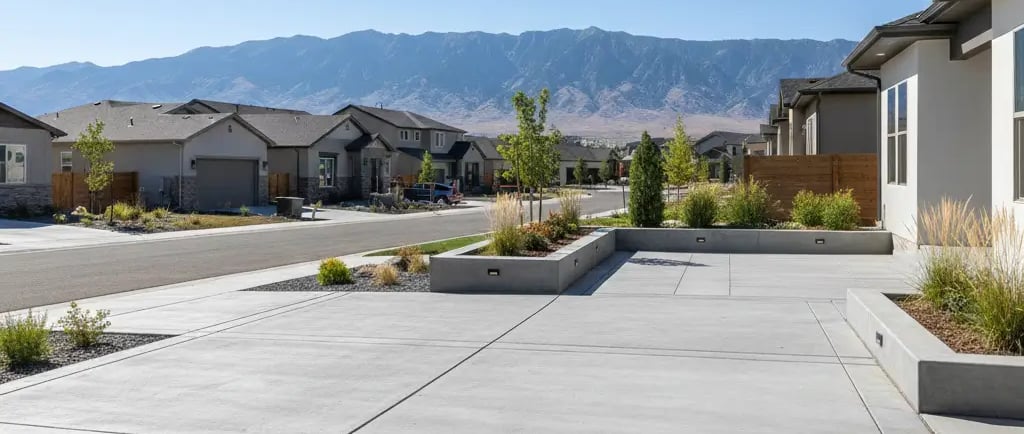 modern concrete driveway in Eagle Mountain, Utah, surrounded by suburban homes and mountain