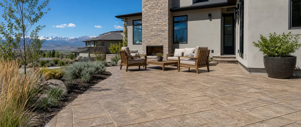 Freshly installed stamped concrete patio with an earth-tone stone pattern finish in a residential Eagle Mountain, UT backyard