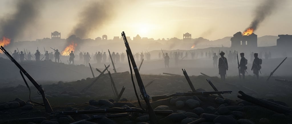 Aftermath of the 1857 Indian rebellion with battle ruins and dawn light.