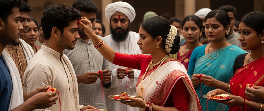 A young Bengali woman in a traditional red-white saree applies a sacred phonta on her brother.