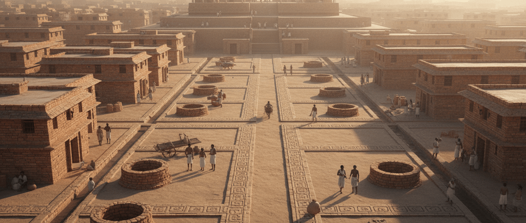 Illustrated aerial view of a planned Indus Valley Civilization city with grid streets.