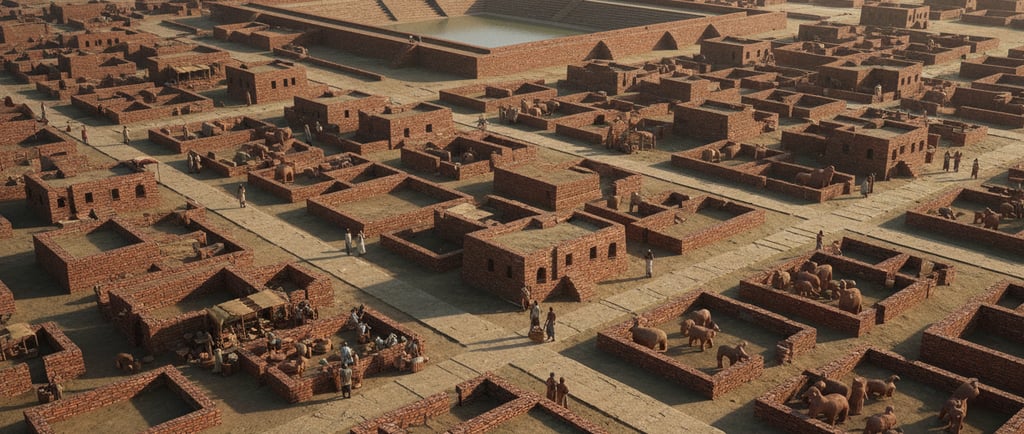 Illustration of an Indus Valley Civilisation city with brick houses, straight streets, Great Bath.