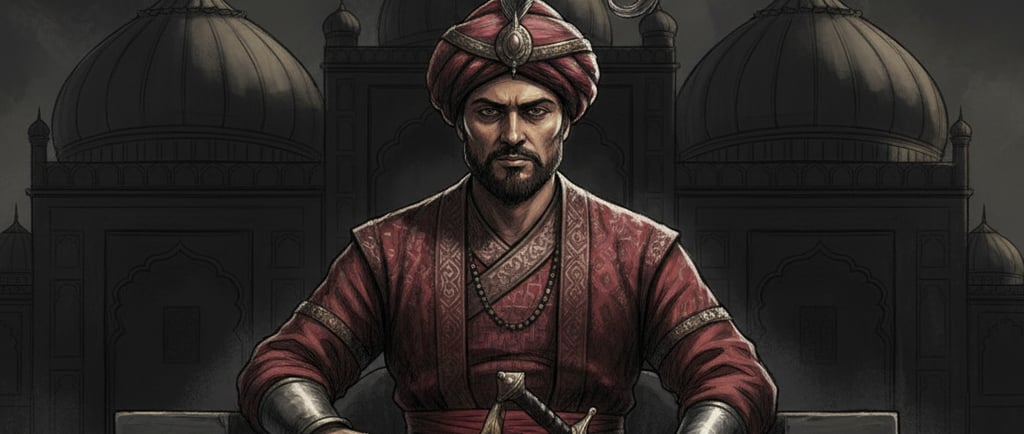 Illustration of a Malik Kafur in traditional attire with a turban and plume,
