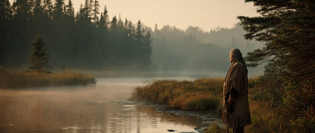 An Indigenous man in traditional buckskin clothing standing by a misty river at dawn in a pine forest.