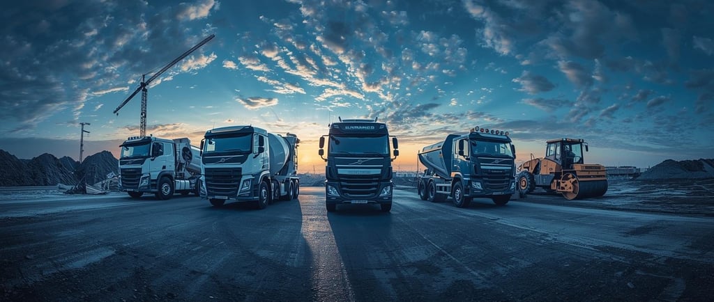 un groupe de camions garés sur un parking