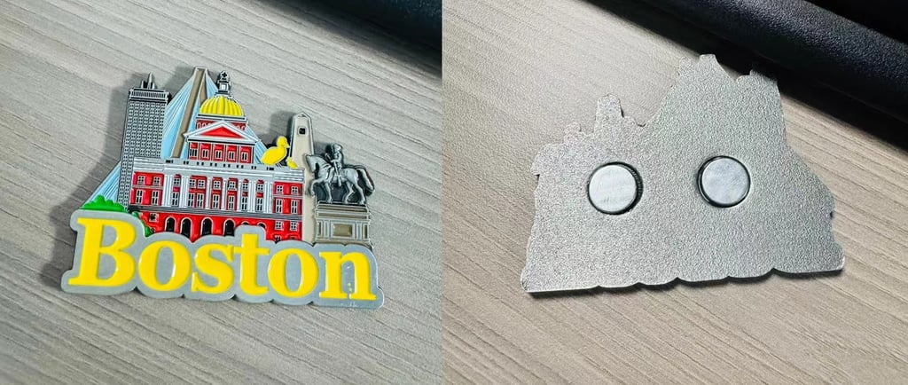 Metal enamel magnet structure diagram showing enamel front and magnet backing