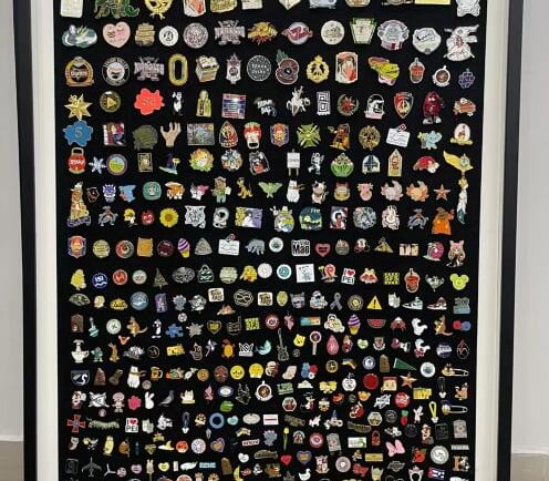 a framed display of a collection of pins and badges