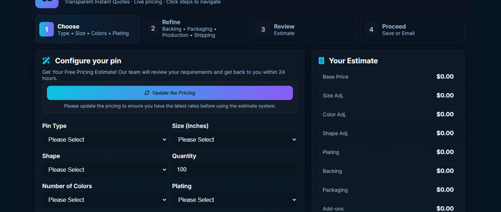 The interface of CreatePins.com’s Custom Pin Pricing Estimate tool