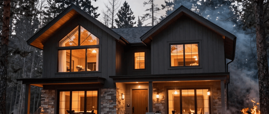 A modern luxury cabin in a pine forest at dusk with a large bonfire burning in the front yard.