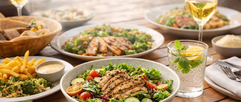Refeição equilibrada em restaurante ao ar livre