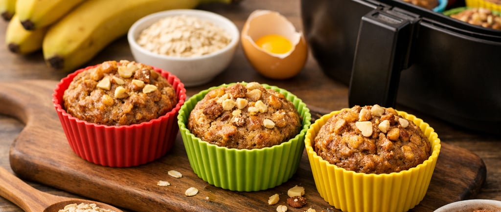 Bolinho de banana na airfryer sem açúcar e sem farinha em forminhas coloridas, com bananas e aveia a