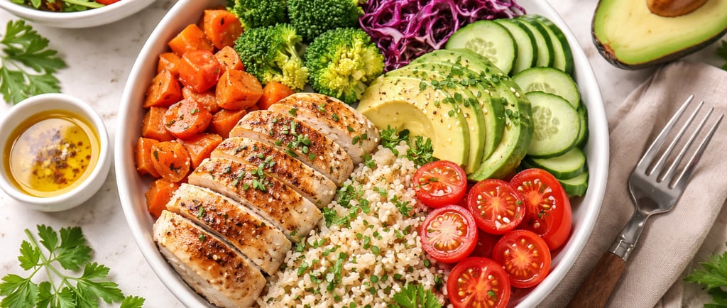 Prato saudável e equilibrado com frango, legumes e grão