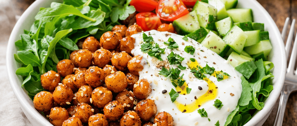 Bowl saudável de grão-de-bico crocante com creme de iogurte, salada de folhas verdes, tomate e pepin