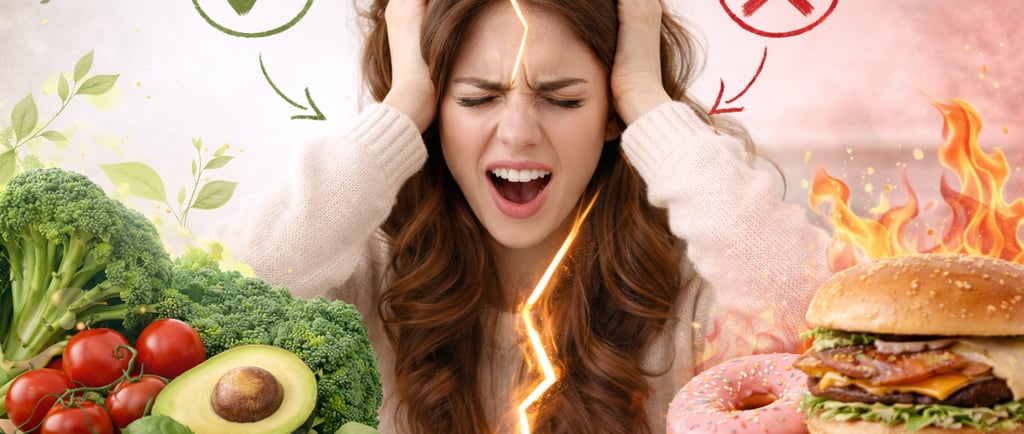 Imagem conceitual de mulher em conflito entre alimentos considerados saudáveis e não saudáveis, repr