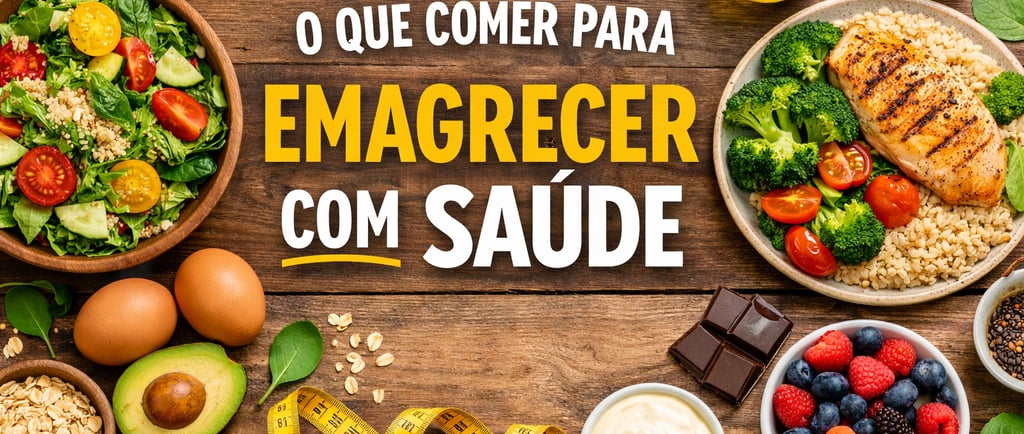 Imagem de capa com alimentos saudáveis como salada, frango, arroz, legumes, frutas e gorduras boas, 