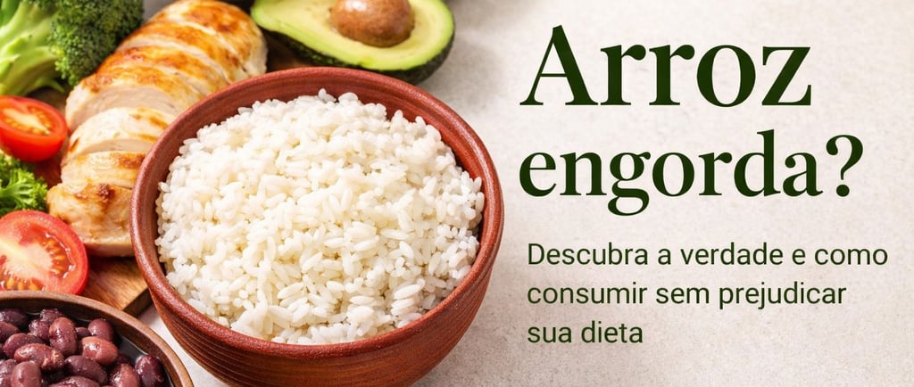 Tigela de arroz branco acompanhada de feijão, frango grelhado, abacate e legumes frescos, com o títu