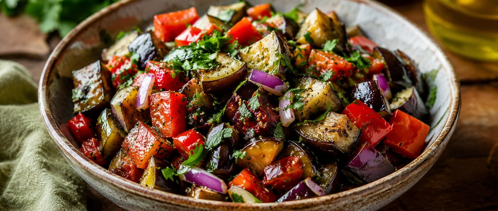 Salada de berinjela saudável com tomate, cebola e pimentão em tigela rústica.