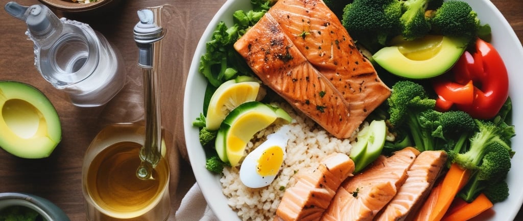 Prato saudável com salmão, legumes e chá verde — alimentos que aceleram o metabolismo naturalmente.