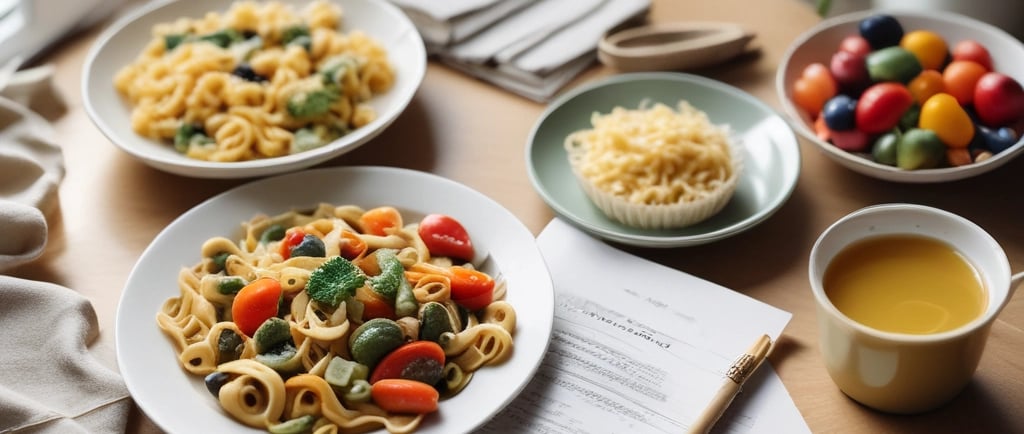 Prato de macarrão integral com legumes coloridos e azeite sobre uma mesa iluminada.