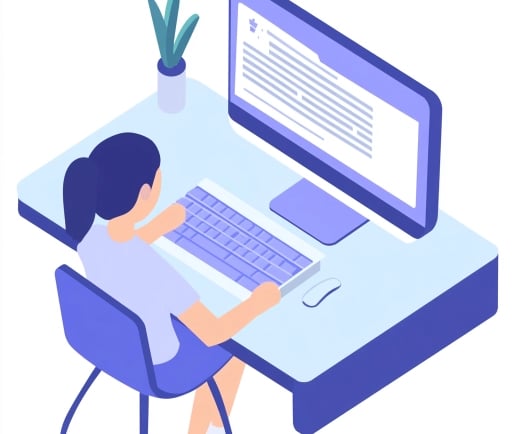 Female-presenting person sitting at a blue desk on a large computer screen with written activities.