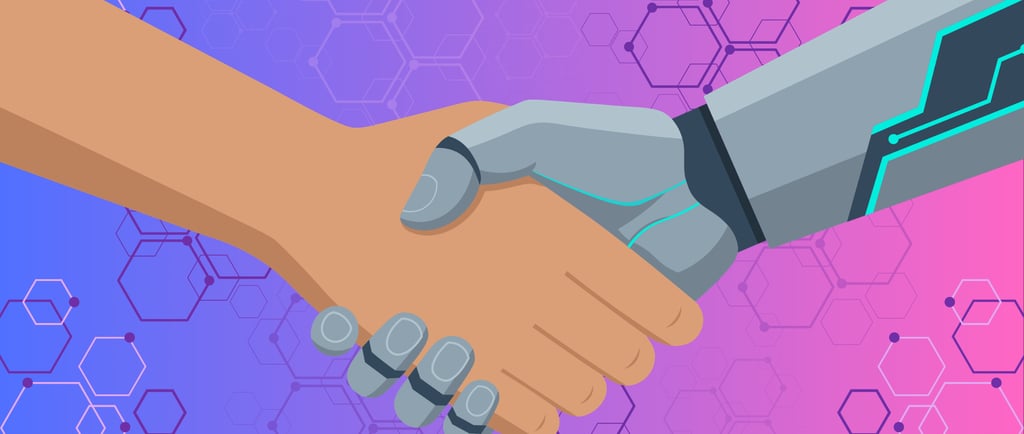 Picture created with Canva by Rocco Catrone depicting a human hand shaking a robotic hand with a tec