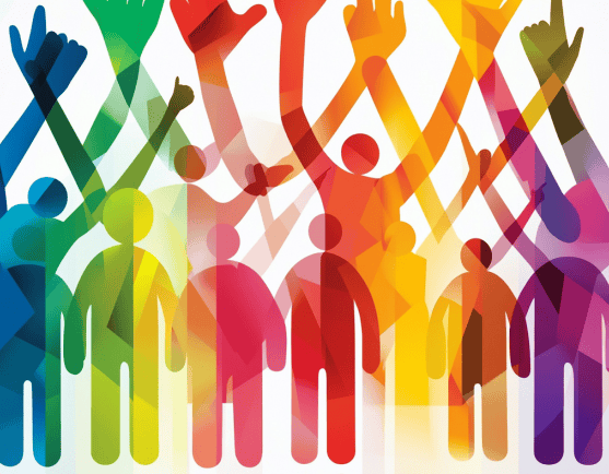 multiple human silohouettes in different colors showing inclusive language