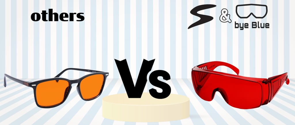 difference between amber orange tinted blue light blocking night glasses and byeBlue red glasses