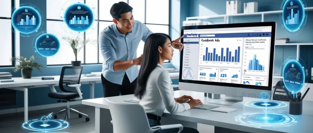 Dos personas en una oficina observando un monitor con datos de campañas publicitarias de Facebook Ads, rodeados de gráficos y