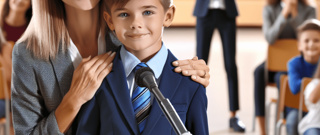 A woman standing behind her son in front of a microphone. Image Credit: AI