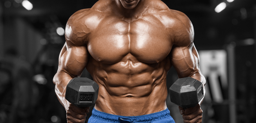 a man with a muscular body curling dumbbells