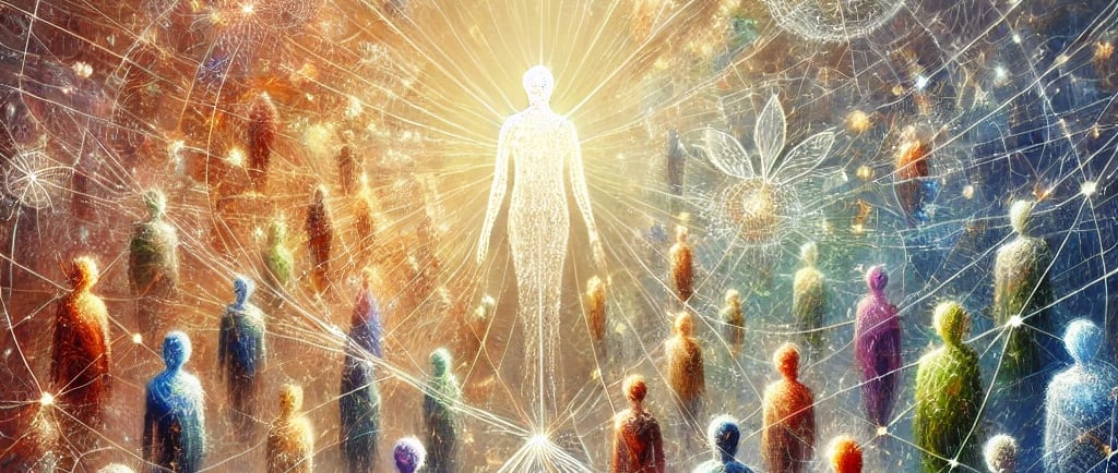 a group of people standing in a circle with a sunbeam