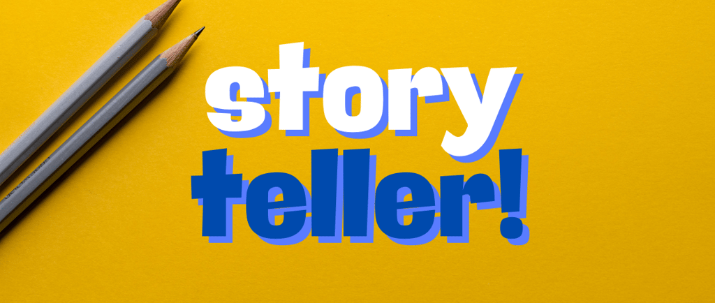 a pencil and pencil on a yellow background with the words story teller