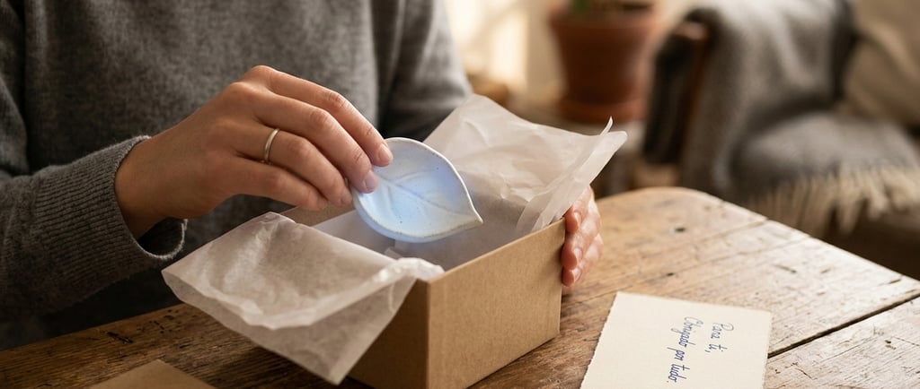 Uma pessoa a retirar de uma caixa de presente de cartão, forrada com papel de seda, um prato de cerâ