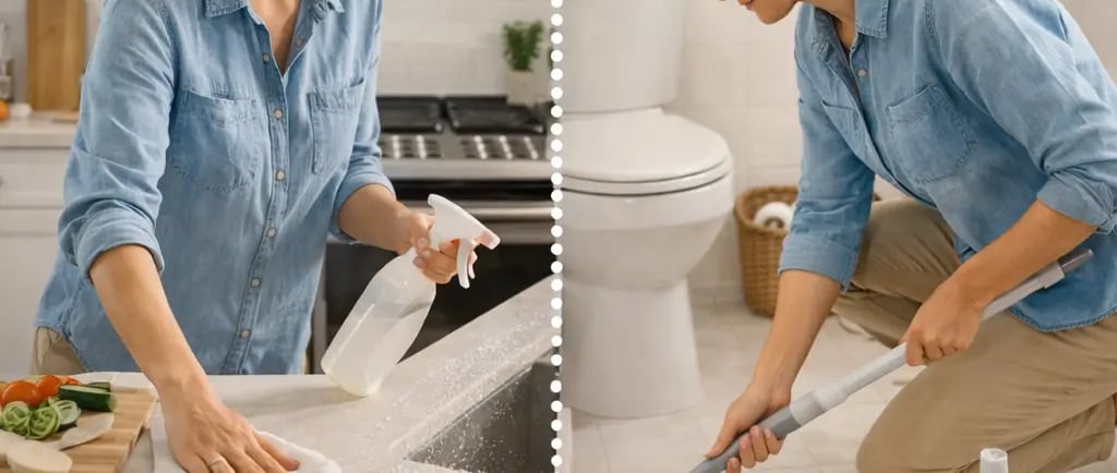 Kitchen cleaned before bathroom to prevent cross-contamination, showing safe cleaning order with nat