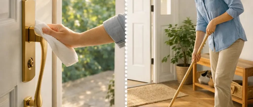 Cleaning the entryway by wiping the door handle and sweeping the floor, representing the final step 