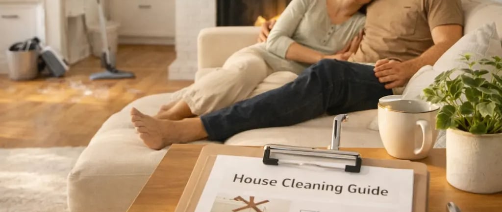 Relaxing living room after cleaning, with a couple enjoying a calm home environment and a step-by-st