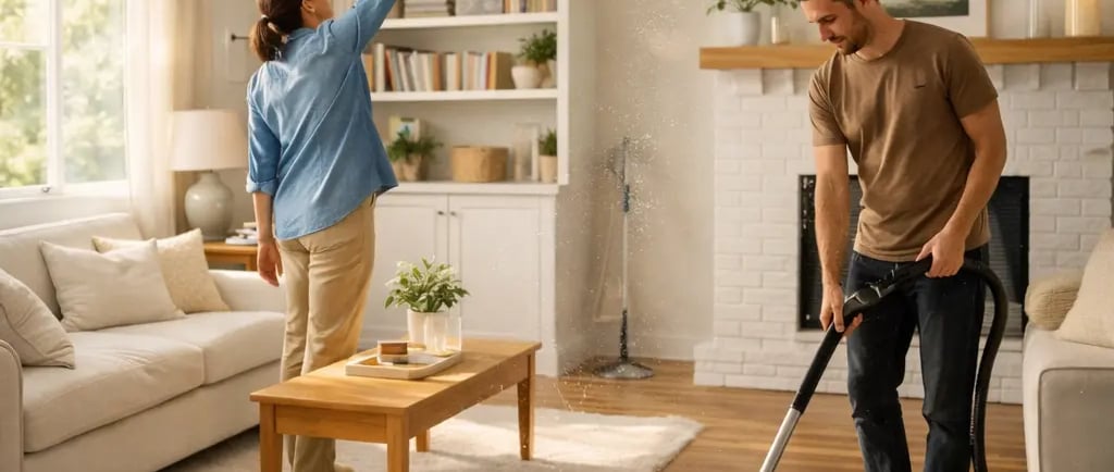 Living room being cleaned using the top-to-bottom method, with dusting from ceiling fans and shelves