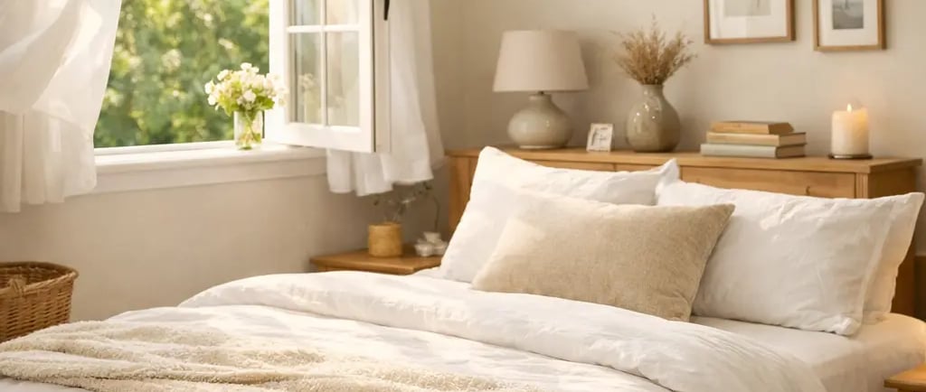 Calm and tidy bedroom with a neatly made bed and open window, showing the first step of an efficient