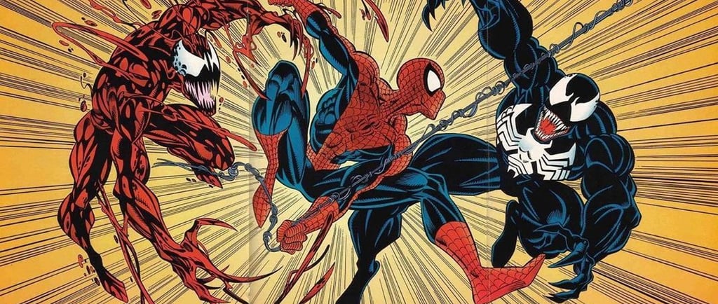 spiderman and venom fighting in a comic book