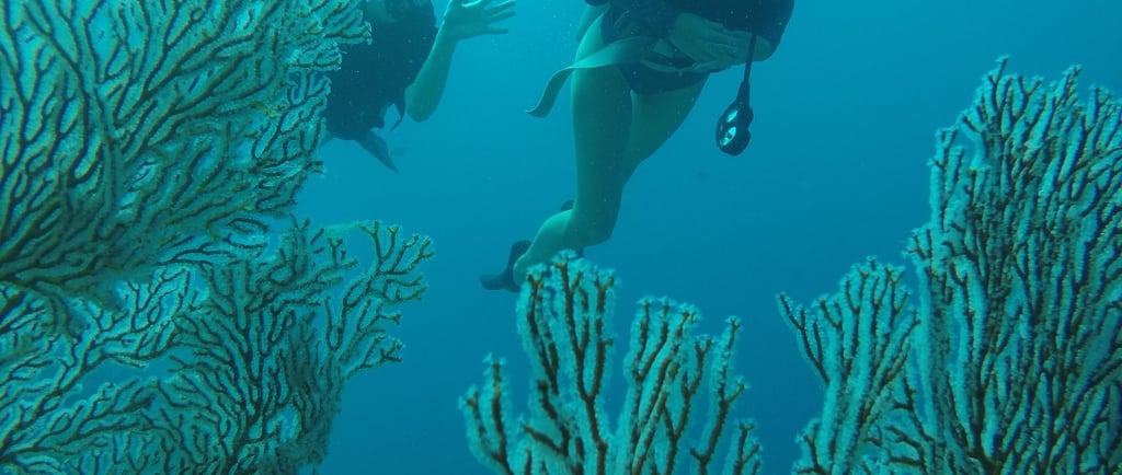 man underwater looking at religious statue in bali