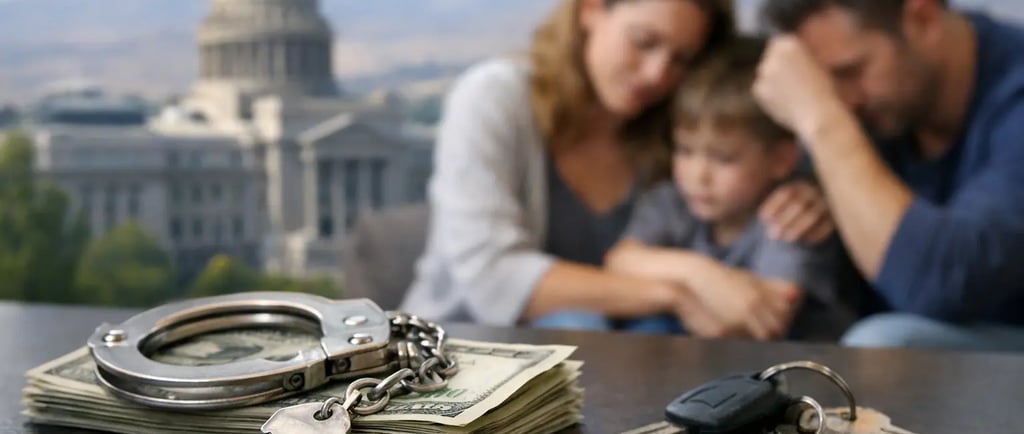 Handcuffs on cash and car keys symbolizing financial crime and its impact on a stressed family.