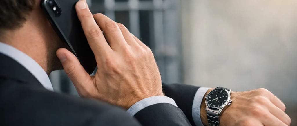 Businessman in a suit talking on a smartphone while checking the time on his luxury wrist watch.