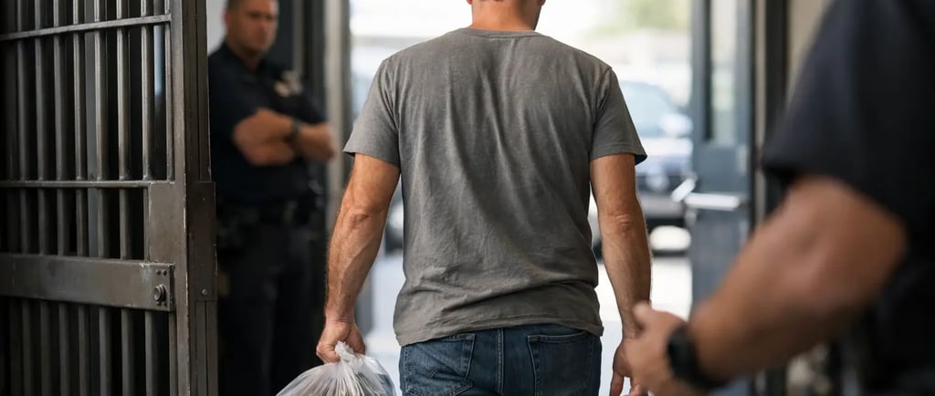 A man released from prison carrying his personal belongings in a clear plastic bag while walking past a guard.